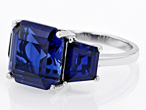 6.80ct Rectangular Octagonal And 3.74ctw Baguette Lab Blue Sapphire Rhodium Over Silver 3-Stone Ring - Size 7