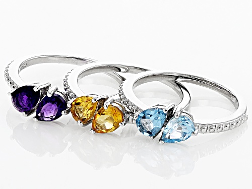 2.24ctw African Amethyst, Citrine And Swiss Blue Topaz Rhodium Over Sterling Silver Ring Set Of 3 - Size 8