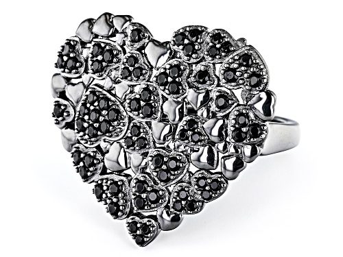 0.81ctw Round Black Spinel, Black Rhodium Over Sterling Silver Heart Ring - Size 7