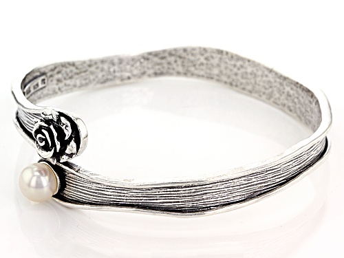 Artisan Collection Of Israel™ Round Cultured White Freshwater Pearl Silver Bypass Bangle Bracelet