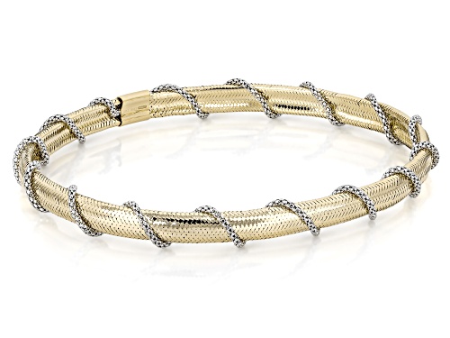 Splendido Italian Jewelry™ 10k Yellow Gold Mesh Omega Stretch Bracelet with Rhodium Plated Popcorn - Size 7