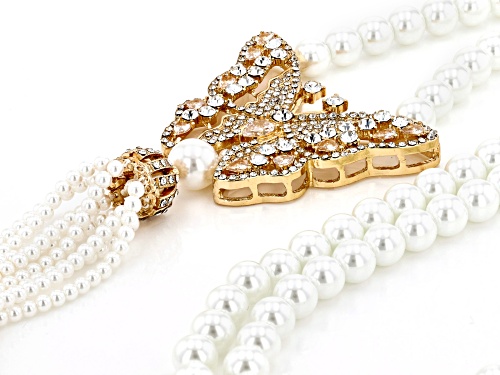 Joan Boyce, Pearl Simulant and White Crystal Butterfly Tassel Gold Tone Necklace