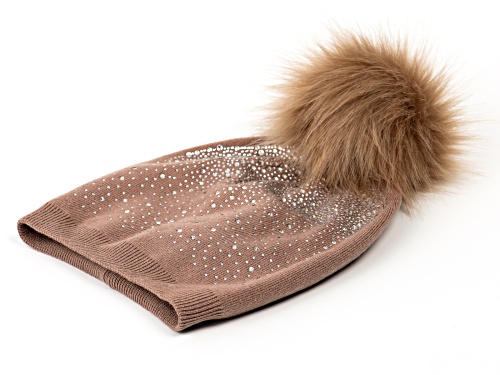 Joan Boyce, Taupe Angora Wool Hat with Crystals with Taupe Pom Pom