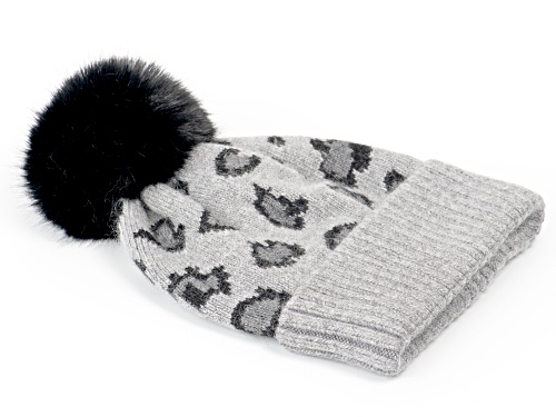 Joan Boyce, Gray Wool Blend Leopard Hat with Black Pom