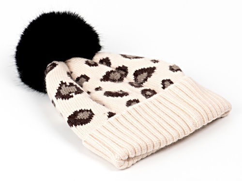Joan Boyce, Cream Wool Blend Leopard Hat with Black Pom