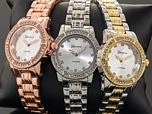 Geneva Ladies Three Tone White Crystal Watch Set Of 3