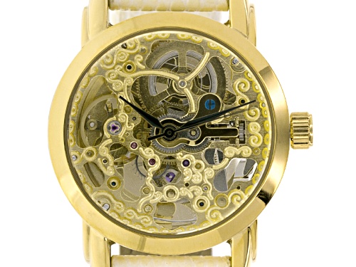 Akribos Ladies Gold Tone White Strap Automatic Skeleton Watch