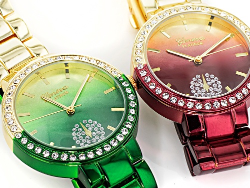 Geneva Ladies White Crystal Gold Tone Green Ombre Red Ombre Watch Set Of 2