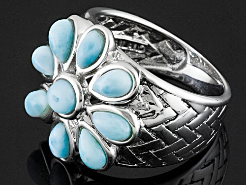 Pear Shape And Round Cabochon Larimar Sterling Silver Flower Ring - Size 5