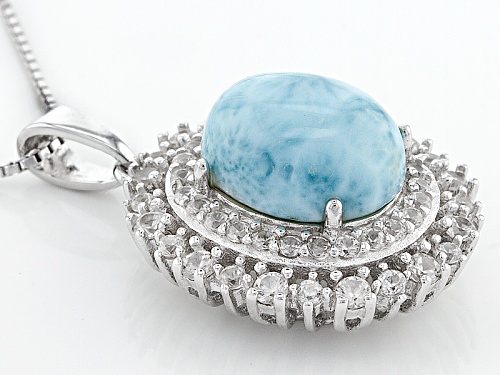 12x10mm Oval Cabochon Larimar With 1.15ctw Round White Zircon Sterling Silver Pendant With Chain