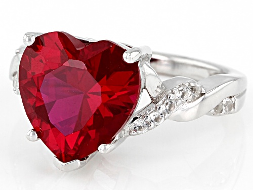 7.64ct Heart Shape Lab Created Ruby With .23ctw Round White Topaz Rhodium Over Sterling Silver Ring - Size 8