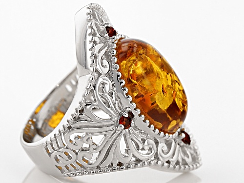 15.5x12mm Oval Orange Amber And .17ctw Round Vermelho Garnet™ Rhodium Over Sterling Silver Ring - Size 6