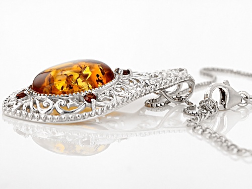 18x13mm Oval Amber And .31ctw Round Vermelho Garnet™ Rhodium Over Silver Pendant With Chain