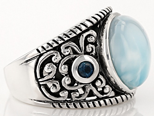12.5mm Round Cabochon Larimar With .23ctw Round London Blue Topaz Sterling Silver Ring - Size 5