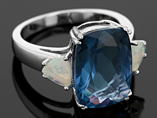 7.50ct Cushion Color Change Blue Fluorite And .45ctw Trillion Ethiopian Opal Sterling Silver Ring - Size 5
