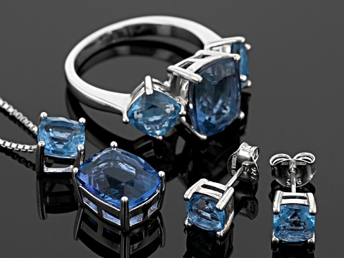 10.18ctw Rectangular Cushion And Square Cushion Color Change Blue Fluorite Silver Jewelry Set - Size 12