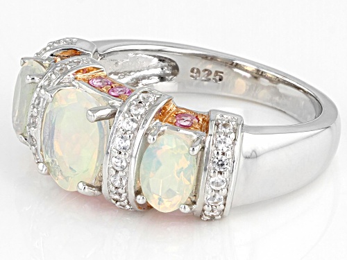 1.38ctw Oval Ethiopian Opal, .17ctw Pink Sapphire, .40ctw White Zircon Rhodium Over Silver Ring - Size 9