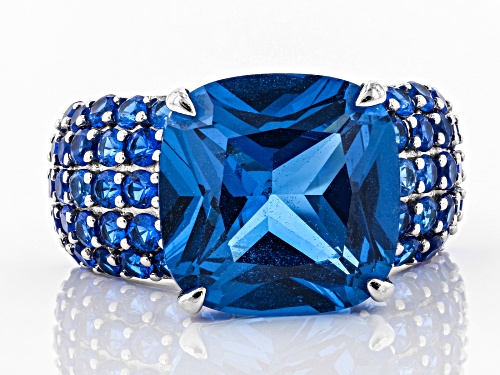 8.01ctw Square Cushion And Round Lab Created Blue Spinel Rhodium Over Sterling Silver Ring. - Size 9