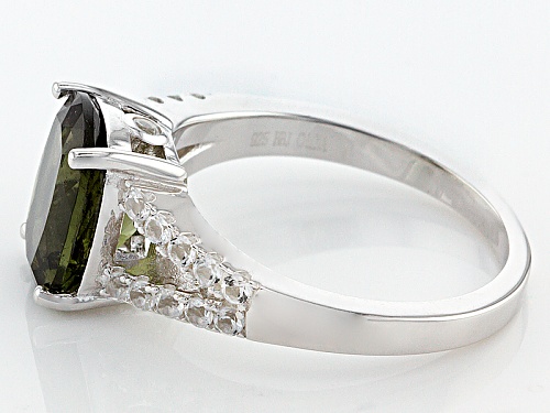 1.84ct Rectangular Cushion Moldavite With .35ctw White Topaz Rhodium Over Sterling Silver Ring - Size 6