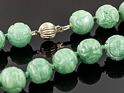 Pacific Style™ 11-12mm Carved Round Green Jadeite 14k Yellow Gold 18 Inch Necklace - Size 18