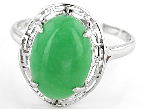 Pacific Style™ 10-14mm Oval Green Jadeite Rhodium Over Sterling Silver Solitaire Greek Key Ring - Size 12