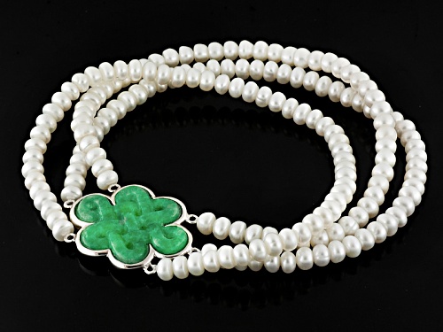 Pacific Style™4-5mm White Cultured Freshwater Pearl & 20x25mm Jadeite Silver Stretch Bracelet - Size 7.5