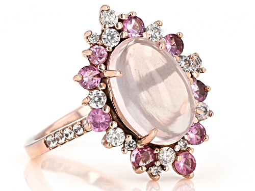 12x8mm Oval Rose Quartz With 0.99ctw Baby Pink Spinel And White Zircon 10k Rose Gold Ring - Size 8