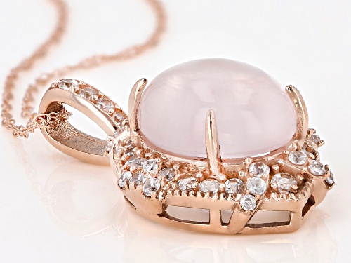 11x9mm Oval Cabochon Rose Quartz With 0.44ctw White Zircon 10k Rose Gold Pendant With Chain