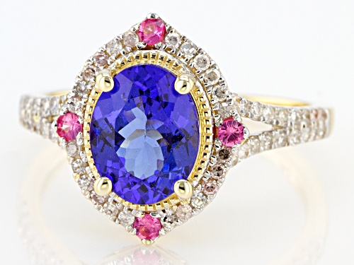 1.75ct Oval Tanzanite With 0.32ctw White Diamond And 0.12ctw Pink Spinel 14k Yellow Gold Ring - Size 7