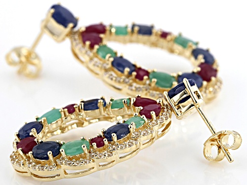 7.27ctw Mixed Shape Blue Sapphire, Emerald, Indian Ruby & White Zircon 18k Gold Over Silver Earrings