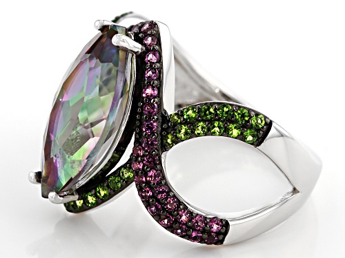 3.23ct Multi-Color Quartz With .39ctw Rhodolite And .32ctw Chrome Diopside Rhodium Over Silver Ring - Size 7