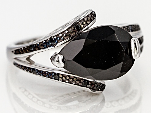 3.15ct Pear Shape and .05ctw Round Black Spinel Rhodium Over Sterling Silver Ring - Size 6