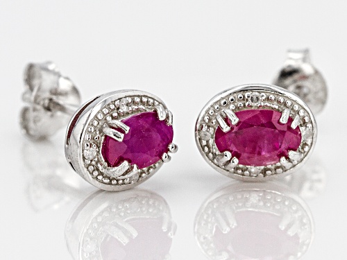 1.02ctw Burmese Ruby With .02ctw White Diamond Accent Rhodium Over Sterling Silver Stud Earrings