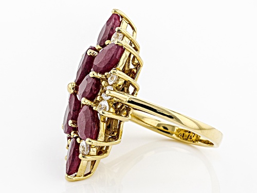 8.50ctw Pear Shape Indian Ruby and 1.08ctw White Zircon 18k Yellow Gold Over Silver Ring - Size 7