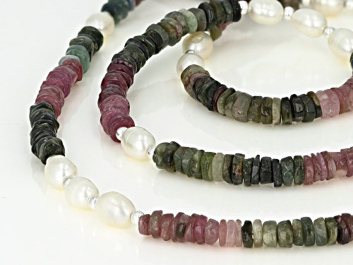 4.5mm Watermelon Tourmaline & 8x5mm Cultured Freshwater Pearl Strand Sterling Silver Bead Necklace - Size 36