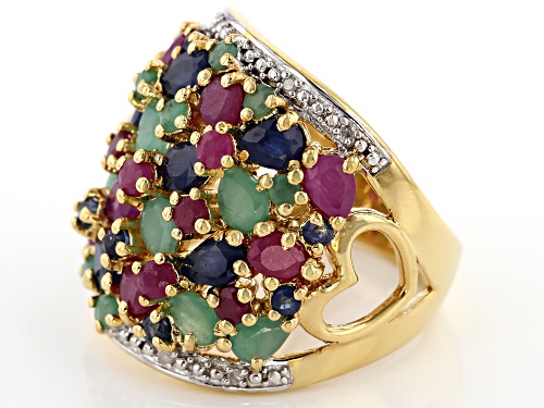 4.42ctw Blue Sapphire, Sakota Emerald, Ruby & .04ctw Diamond Accent 18K Gold Over Silver Ring - Size 6