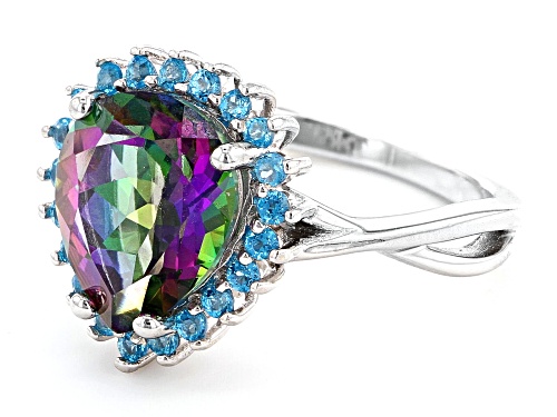 3.40ct Pear Shape Mystic Fire® Green Topaz & .32ctw Round Neon Apatite Rhodium Over Silver Ring - Size 8