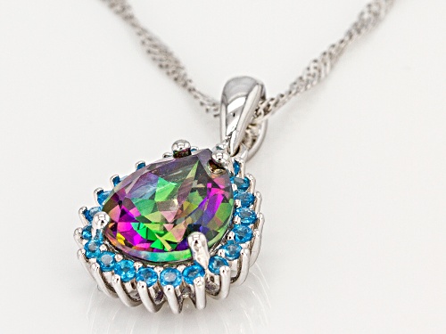 3.05ct Mystic Fire® Green Topaz And .29ctw Neon Apatite Rhodium Over Silver Pendant With Chain