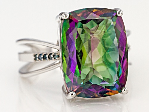 9.27ct Cushion Mystic Fire(R) Green Topaz and .07ctw Blue Diamond Accent Rhodium Over Silver Ring - Size 8