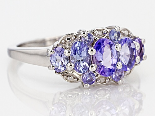 1.11ctw Oval & Round Tanzanite With .01ctw Two Diamond Accent Rhodium Over Sterling Silver Ring - Size 10