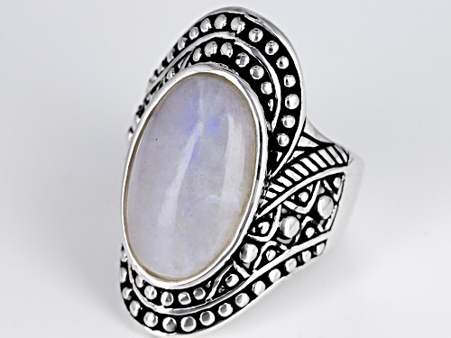 18X11MM OVAL CABOCHON RAINBOW MOONSTONE SOLITAIRE RHODIUM OVER STERLING SILVER RING - Size 6
