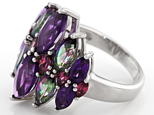 2.44ctw Amethyst With 2.07ctw Mystic Fire® Green Topaz & .66ctw Rhodolite Rhodium Over Silver Ring - Size 7