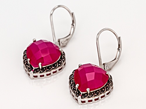 12mm Heart Shape Pink Onyx with .20ctw Black Spinel Rhodium Over Silver Dangle Earrings