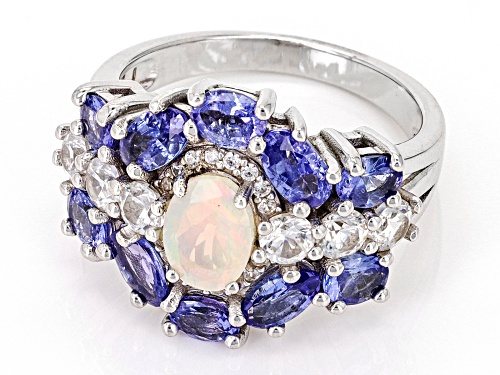 0.37ct Ethiopian Opal with 1.78ctw Tanzanite and 0.97ctw White Zircon Rhodium Over  Silver Ring - Size 6