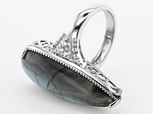 30x12mm LABRADORITE WITH 0.31ctw WHITE ZIRCON RHODIUM OVER STERLING SILVER RING - Size 7