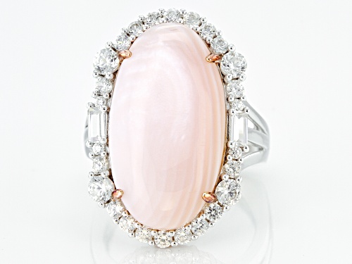 23x13mm Oval Freshwater Mother-of-Pearl and 1.59ctw Zircon Rhodium Over Silver Ring - Size 8