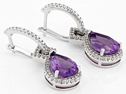 3.06ctw Pear Shaped African Amethyst with 0.44ctw Zircon Rhodium Over Silver Dangle Earrings