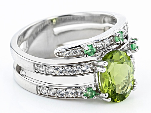 1.70ct Oval peridot with .14ctw Tsavorite and .43ctw zircon rhodium over sterling silver ring - Size 8