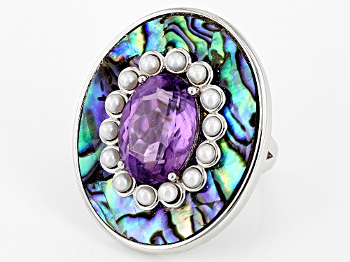 4.89ct Brazilian Amethyst, Abalone Shell And Cultured Freshwater Pearl Rhodium Over Silver Ring - Size 7