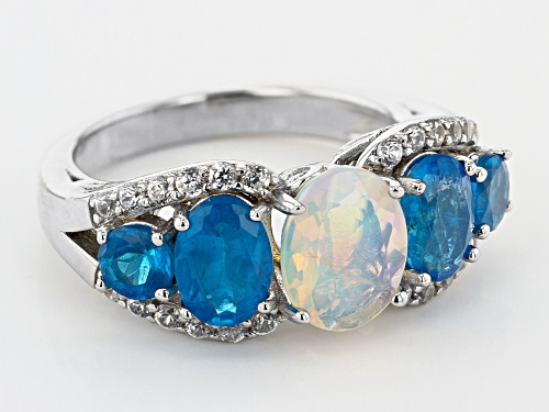 .77ct Oval Ethiopian Opal, 1.65ctw Neon Apatite and .41ctw White Zircon Rhodium Over Silver Ring - Size 9